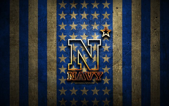 海軍兵学校の旗, 全米大学体育協会, 青茶色の金属の背景, アメリカンフットボール, 海軍兵学校のロゴ, 米国, 黄金のロゴ, 海軍兵学校