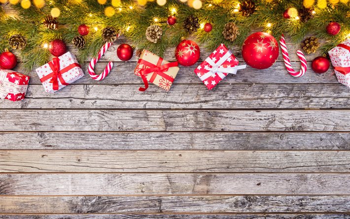 4k, cornici natalizie, sfondo di legno grigio, scatole regalo, decorazioni natalizie, regali di Natale, palle di Natale, Felice Anno Nuovo, Buon Natale, concetti di Capodanno, cornici di Natale