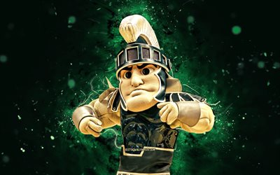 Sparty, 4k, mascotte, Michigan State Spartan, luci al neon verdi, NCAA, creativo, USA, Mascotte Michigan State Spartan, mascotte NCAA, mascotte ufficiale, Mascotte Sparty