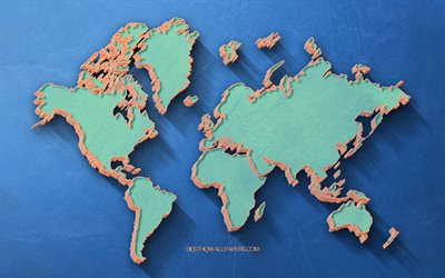 Mappa del mondo retr&#242; turchese, sfondo retr&#242; blu, concetti di mappa del mondo, continenti, mappa del mondo, arte retr&#242;