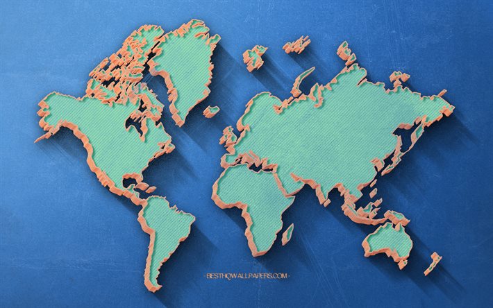 Carte du monde r&#233;tro turquoise, fond r&#233;tro bleu, concepts de carte du monde, continents, carte du monde, art r&#233;tro