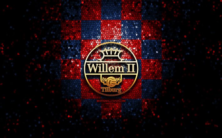 Willem II FC, glitter logo, Eredivisie, blue red checkered background, soccer, Dutch football club, Willem II logo, mosaic art, football, Willem II