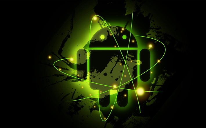 Android logosu, siyah arka plan, Android yeşil neon logosu, Android amblemi, Android