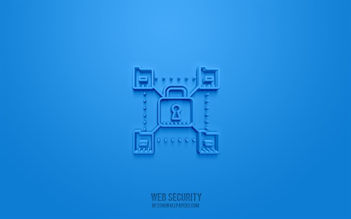 web-sicherheits-3d-symbol, blauer hintergrund, 3d-symbole, web-sicherheit, netzwerksymbole, web-sicherheitszeichen, netzwerk-3d-symbole