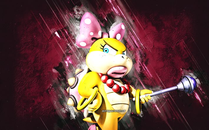 Wendy O Koopa, Super Mario, Mario Party Star Rush, characters, burgundy stone background, Super Mario main characters, Wendy O Koopa Super Mario