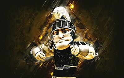 Sparty, Michigan State Spartans mascot, MSU mascot, yellow stone background, american football, Michigan State Spartans