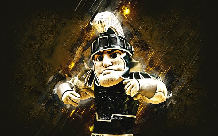 Sparty, Michigan State Spartans maskot, MSU maskot, gul sten bakgrund, amerikansk fotboll, Michigan State Spartans