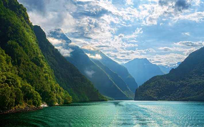 Norge, 4k, sommar, fjord, berg, Europa, vacker natur, solig dag, HDR