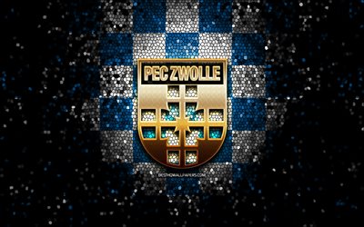 Zwolle FC, parlak logo, Eredivisie, mavi beyaz damalı arka plan, futbol, Hollanda futbol kul&#252;b&#252;, PEC Zwolle logosu, mozaik sanatı, PEC Zwolle