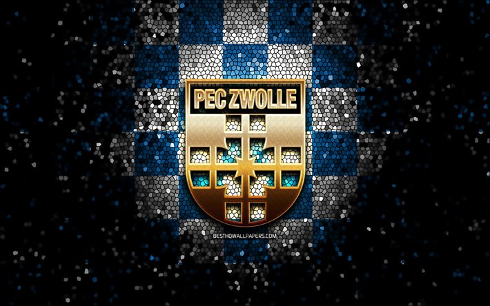 Zwolle FC, logotipo com glitter, Eredivisie, fundo xadrez branco azul, futebol, clube de futebol holand&#234;s, logotipo PEC Zwolle, arte em mosaico, PEC Zwolle