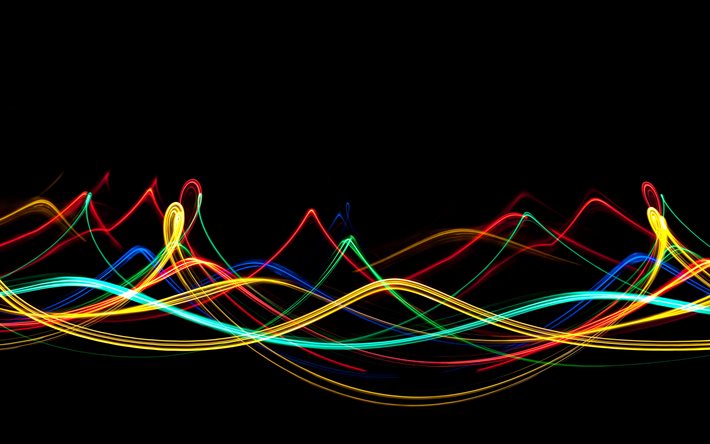 colorful neon waves, 4k, black backgrounds, creative, artwork, neon rays, abstract art
