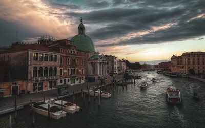 Veneza, noite, p&#244;r do sol, Grande canal, paisagem urbana de Veneza, V&#234;neto, It&#225;lia