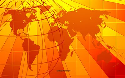 オレンジの世界地図, 4k, 世界地図の概念, 大陸, 地，地球, ワールドマップ