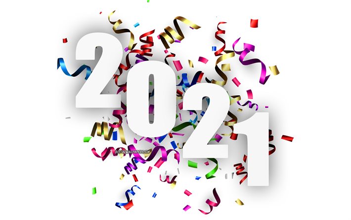 2021 Yeni Yıl, 4k, 2021 kavramlar, renkli ipek kurdeleler, Mutlu Yıllar 2021, 2021 beyaz arkaplan