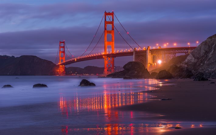 جسر البوابة الذهبية, سان فرانسيسكو, مساء, غروب الشمس, نقطة إشارية, كاليفورنيا, الولايات المتحدة الأمريكية