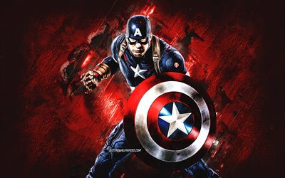 captain america, superheld, hintergrund aus rotem stein, beliebte superhelden, captain america-charakter, captain america-schild