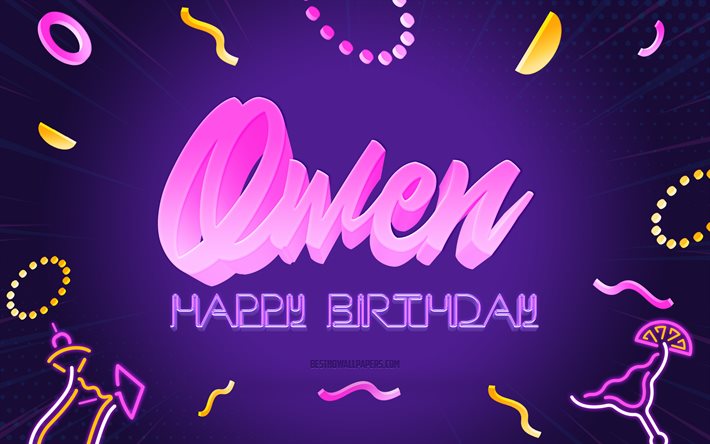 Happy Birthday Owen, 4k, Purple Party Background, Owen, creative art, Happy Owen birthday, Noah name, Owen Birthday, Birthday Party Background