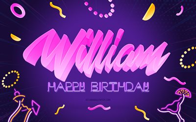 Grattis p&#229; f&#246;delsedagen William, 4k, Purple Party Background, William, kreativ konst, Happy William f&#246;delsedag, Noah namn, William Birthday, Birthday Party bakgrund