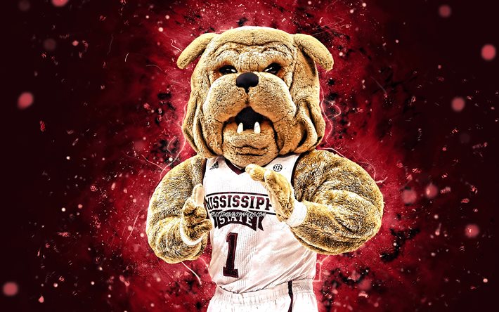Bully, 4k, mascot, Mississippi State Bulldogs, purple neon lights, NCAA, creative, USA, Mississippi State Bulldogs mascot, NCAA mascots, official mascot, Bully mascot