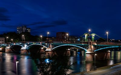 イグナッツブビス橋, 4k, フランクフルトアムマイン, 夜景, 都市の景観, ドイツの都市, ドイツ, ヨーロッパ