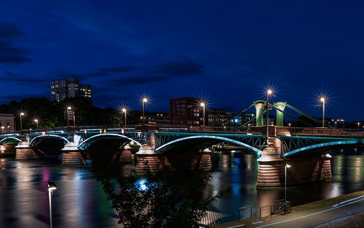 Ponte Ignatz Bubis, 4k, Frankfurt am Main, paisagens noturnas, paisagens urbanas, cidades alemãs, Alemanha, Europa