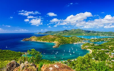 Mar dei Caraibi, isole tropicali, yacht, baia, estate, vista sul mare, Antigua e Barbuda, Nord America