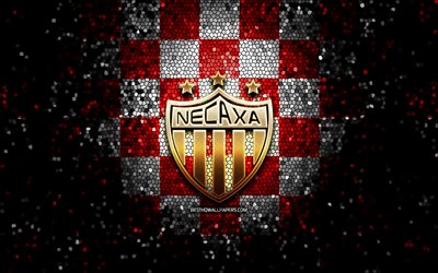 Club Necaxa FC, logo glitter, Liga MX, sfondo a scacchi bianco rosso, calcio, squadra di calcio messicana, logo Club Necaxa, arte del mosaico, Club Necaxa