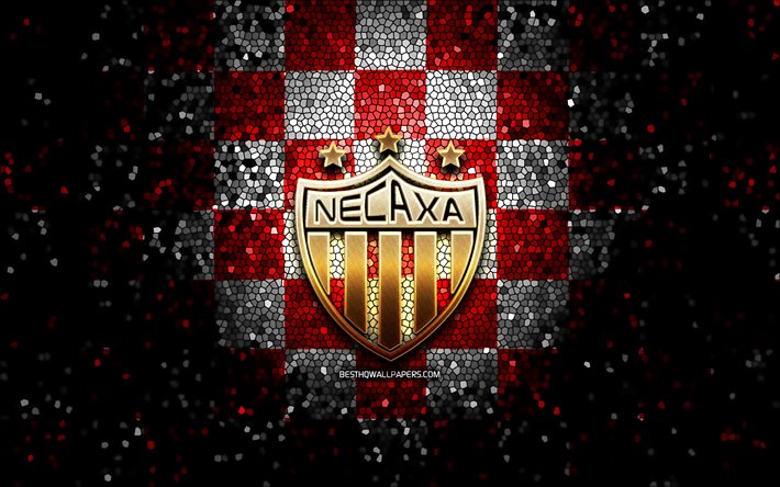 Club Necaxa FC, logo glitter, Liga MX, sfondo a scacchi bianco rosso, calcio, squadra di calcio messicana, logo Club Necaxa, arte del mosaico, Club Necaxa