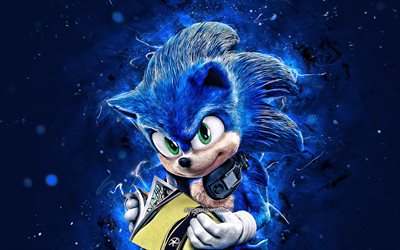 Sonic, 4k, luzes de n&#233;on azuis, jogos de 2020, Sonic the Hedgehog, criativo, Hedgehog Sonic
