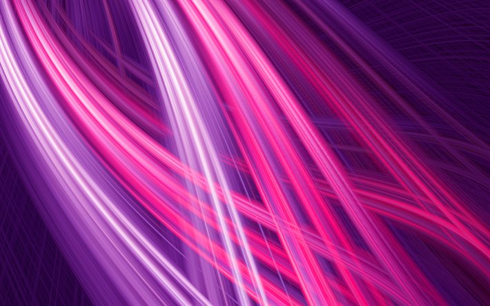 raios abstratos roxos, 4k, ondas roxas, criativo, ondas 3D, raios neon, linhas roxas