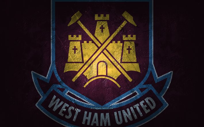 West Ham United FC, engelsk fotbollsklubb, lila sten bakgrund, West Ham United FC logotyp, grunge konst, Premier League, fotboll, England, West Ham United FC emblem