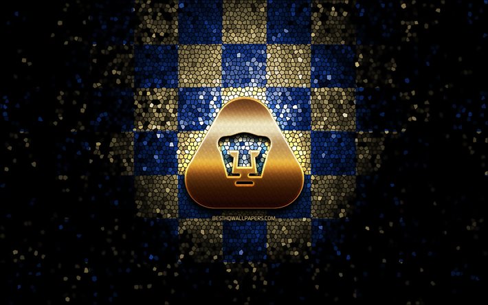 Pumas UNAM FC, parlak logo, Liga MX, mavi kahverengi damalı arka plan, futbol, meksika futbol kul&#252;b&#252;, Pumas UNAM logosu, mozaik sanatı, Club Universidad Nacional