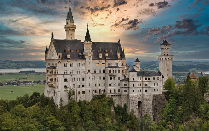 Castello di Neuschwanstein, Hohenschwangau, bellissimo castello, Baviera, castelli della Germania, Lenmark, Germania, Neuschwanstein