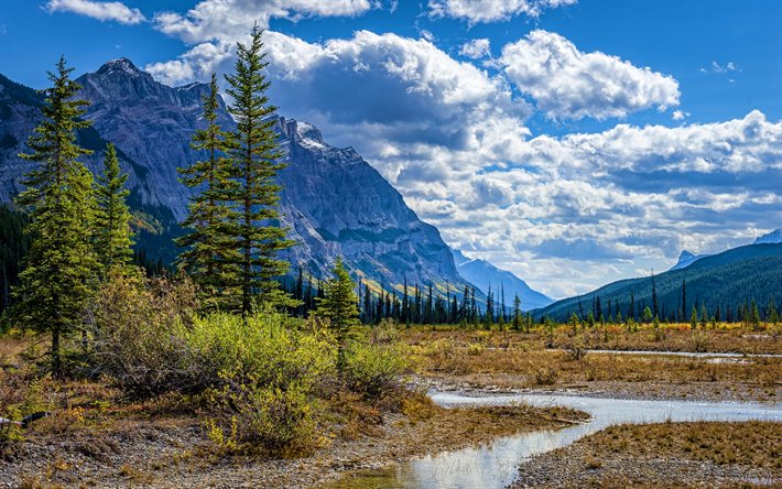 Canada, summer, mountains, sunny day, river, Alberta, beautiful nature, HDR