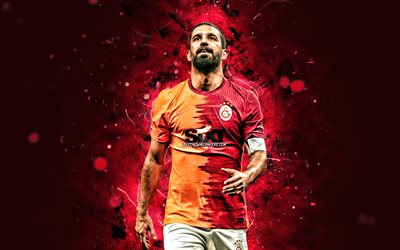 Arda Turan, 4k, Galatasaray SK, turkiska fotbollsspelare, fotboll, Turkish Super Lig, Galatasaray FC, footaball, lila neonljus, Arda Turan Galatasaray