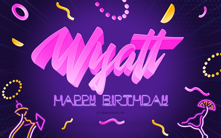 Grattis p&#229; f&#246;delsedagen Wyatt, 4k, Purple Party Background, Wyatt, kreativ konst, Grattis p&#229; Wyatt f&#246;delsedag, Wyatt namn, Wyatt Birthday, Birthday Party bakgrund