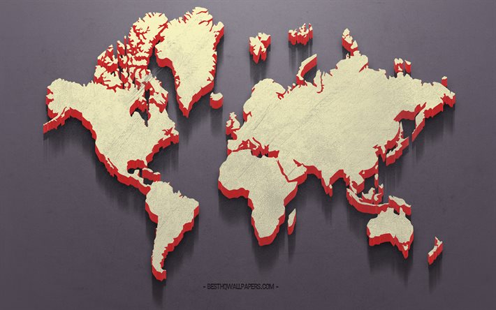 r&#233;tro 3d de la carte du monde, fond gris, 3d brown carte du monde, des continents, carte du monde, carte de la Terre