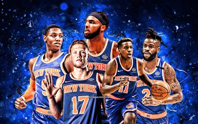 Frank Ntilikina, Ignas Brazdeiki, Reggie Bullock, Mitchell Robinson, RJ Barrett, 4k, New York Knicks, basketbol, NBA, New York Knicks takımı, mavi neon ışıkları, basketbol yıldızları, NY Knicks