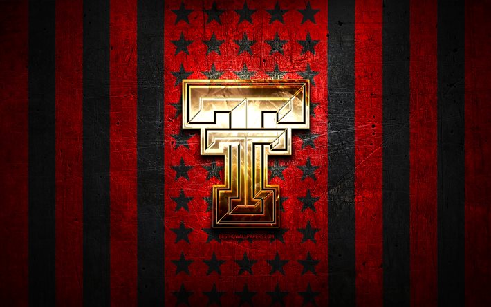 Texas Tech flag, NCAA, red black metal background, american football team, Texas Tech logo, USA, american football, golden logo, Texas Tech