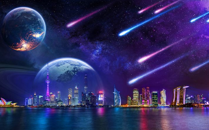 skyline cityscapes, 4k, fantasy art, comets, skyscrapers, nightscapes, planets