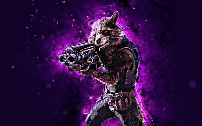 rocket raccoon, 4k, violette neonlichter, marvel comics, superhelden, kreativ