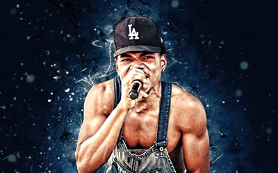 Chance The Rapper, 4k, luci al neon blu, rapper americano, star della musica, Chance The Rapper con microfono, Cancelliere Johnathan Bennett, celebrit&#224; americana, Chance The Rapper 4K