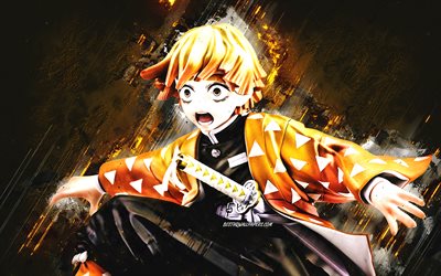 Zenitsu Agatsuma, Demon Slayer, Kimetsu no Yaiba, orange sten bakgrund, anime karakt&#228;rer, japansk manga, Zenitsu Agatsuma karakt&#228;r