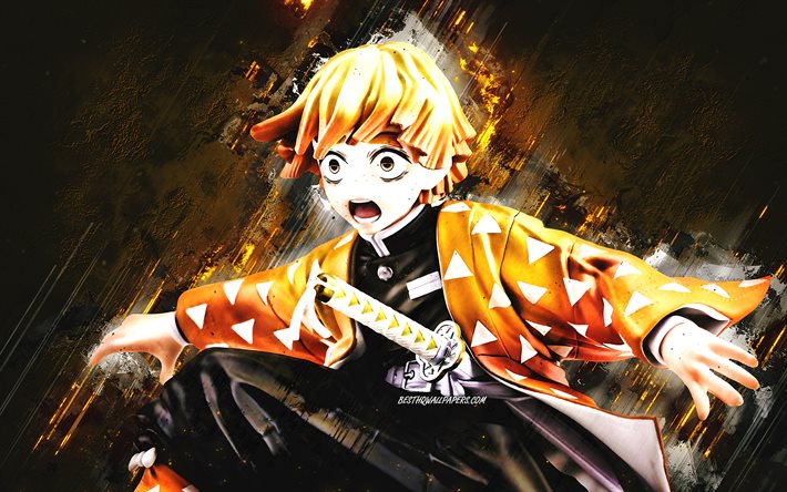 zenitsu agatsuma, d&#228;monent&#246;ter, kimetsu no yaiba, orange steinhintergrund, anime-charaktere, japanischer manga, zenitsu agatsuma-charakter