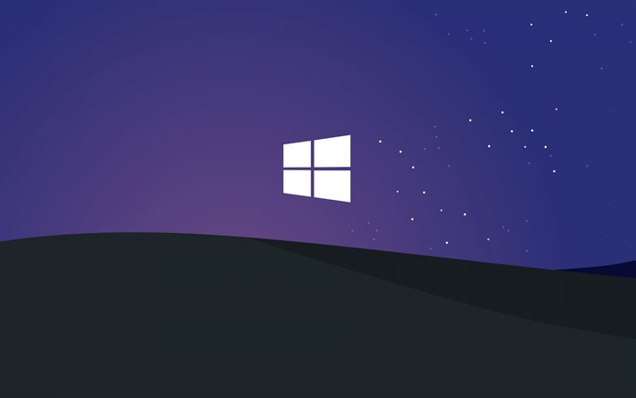 Logo Windows, paesaggio notturno, sfondo grigio-viola, logo Windows, notte, Windows