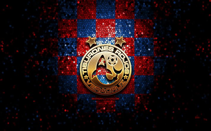 Veracruz FC, glitter logo, Liga MX, red blue checkered background, soccer, mexican football club, Veracruz logo, mosaic art, football, Club Deportivo Veracruz