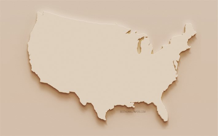 Mapa dos EUA, silhueta 3D do mapa dos EUA, mapa de gesso dos EUA, fundo de pedra marrom, EUA, Am&#233;rica do Norte