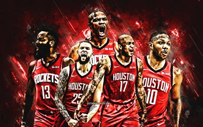 Houston Rockets, NBA, American Basketball Club, Red Stone Background, Basketbol, James Harden, Russell Westbrook, Austin Rivers, PJ Tucker