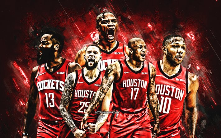 Houston Rockets, NBA, American Basketball Club, Red Stone Background, Basketball, James Harden, Russell Westbrook, Austin Rivers, PJ Tucker