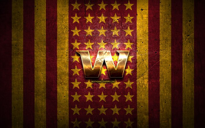 Washingtonin jalkapallojoukkueen lippu, NFL, violetti keltainen metallitausta, amerikkalainen jalkapallojoukkue, Washingtonin jalkapallojoukkueen logo, USA, amerikkalainen jalkapallo, kultainen logo, Washingtonin jalkapallojoukkue